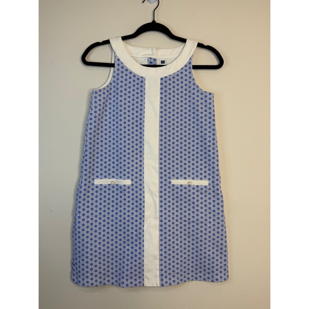 Janie and Jack Girls Blue White Geometric Floral Shift Dress Size 12 Sleeveless